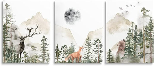 SKYSUKEY Nursery Wall Decor Foggy Forest Animal Wall Art Woodland Adventure Boy Nursery Decor Watercolor Mountain Outdoor Nature Canvas Prints for Boy's Room Girl's Room, Framed Set 3, 12"x16"