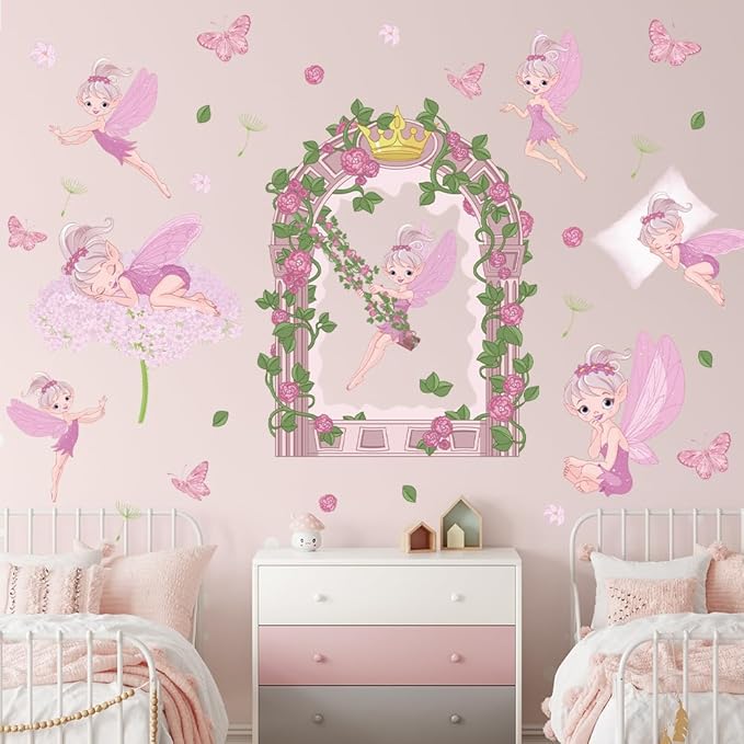 Fairy Girl Wall Decals Pink Flower Floral Butterfly Wall Stickers Baby Girl Room Wallpaper Peel and Stick Wall Art Decals for Girls Bedroom Kids Nursery Living Room