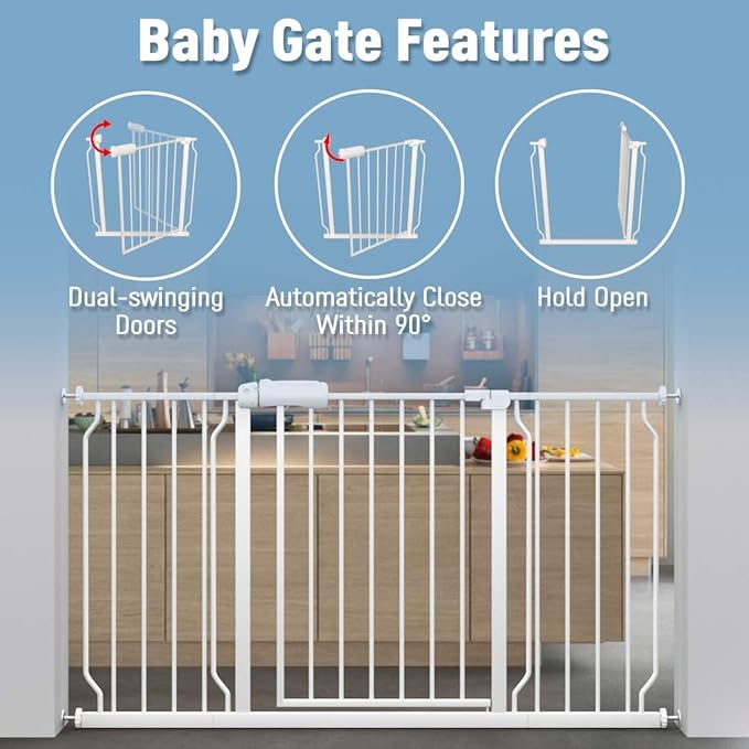 ALLAIBB Extra Wide Pressure Mount Baby Gate Auto Close White Metal Child Dog Pet Safety Gates with Walk Through for Stairs,Doorways,Kitchen and Living Room(66.93-71.65"/170-182cm)