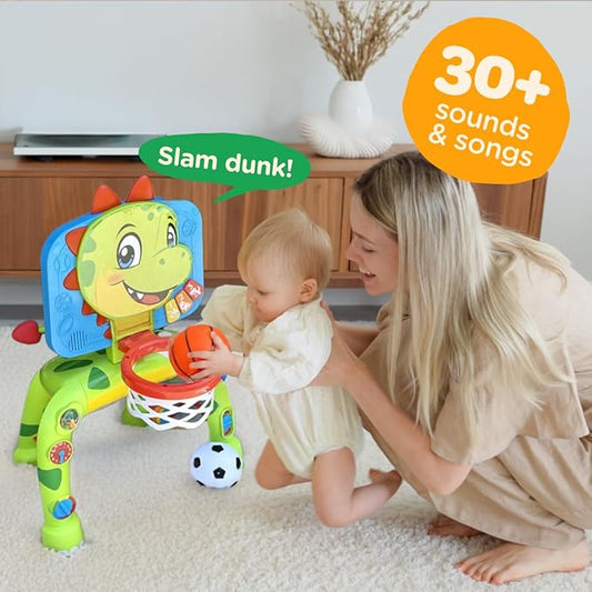 Move2Play, Dinosaur Basketball Hoop & Soccer Goal Activity Center | 30+ Sounds & Songs + 5 Lights | 1 2 3 Year Old for Boys and Girls | Toy & Gift for Baby & Toddlers