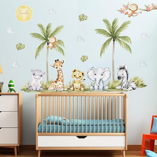 56.29 x 44.88 Inch Watercolor Animal Wall Decals Jungle Animal Stickers Tiger Elephant Zebra Giraffe Monkey Hippo Wall Stickers for Baby Nursery Bedroom Classroom Kindergarten Wall Decor