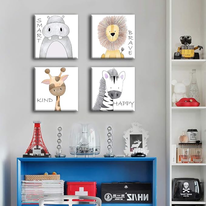 Oreichar Art Kids Wall Art Motivational Quote Painting Picture Safari Animals Canvas Print for Toddler Children's Room Bedroom Nursery Decoration (16"x16"x4pcs)