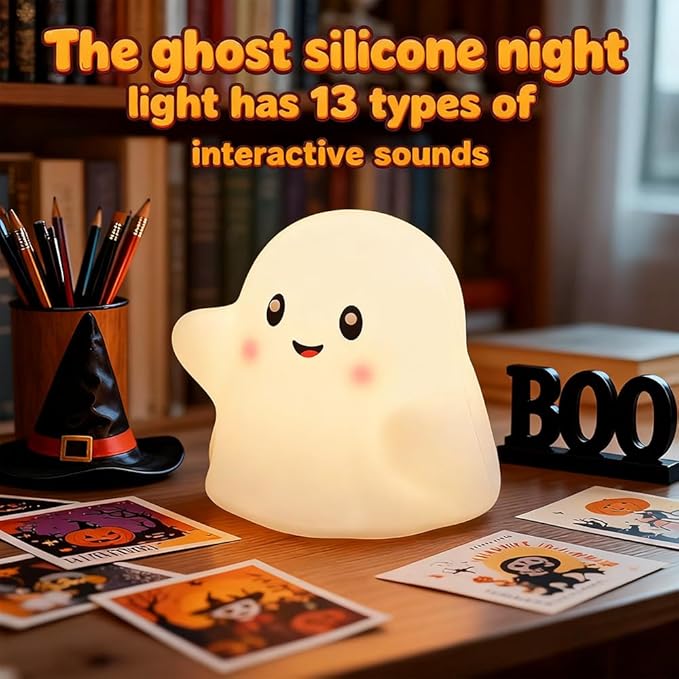 Ghost Night Light for Kids, Silicone Nursery Nightlight with 13 Interactive Sound Effects ,Halloween Decor Lamp Adjustable Dimmable Lamp with Touch Sensor Children's Christmas Gifts (white ghost）