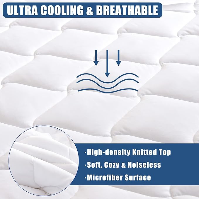 King Size Quilted Fitted Mattress Pad, Waterproof Breathable Cooling Mattress Protector, Stretches up to 21 Inches Deep Pocket Hollow Cotton Alternative Filling Noiseless Mattress Cover