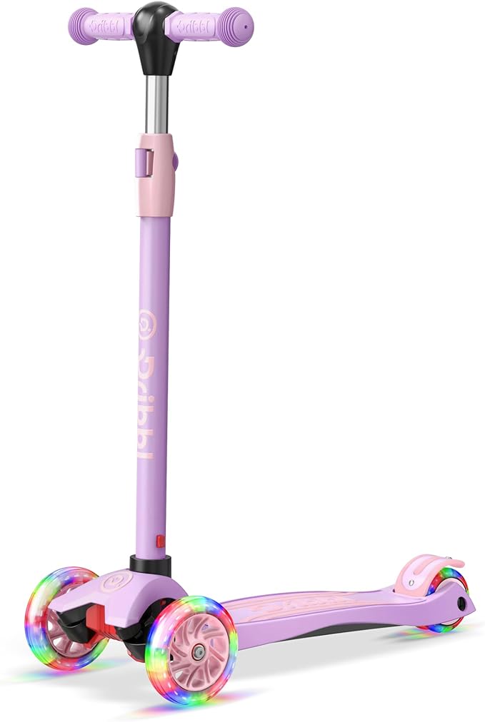 Dribbl 3-Wheel Kids Scooter - Lean-to-Steer Technology, Adjustable Height Handlebar, Wide Anti-Slip Deck, Scooter for Boys & Girls Ages 3+, Child Safety Approved, Support Riders Up to 165 lbs, Purple