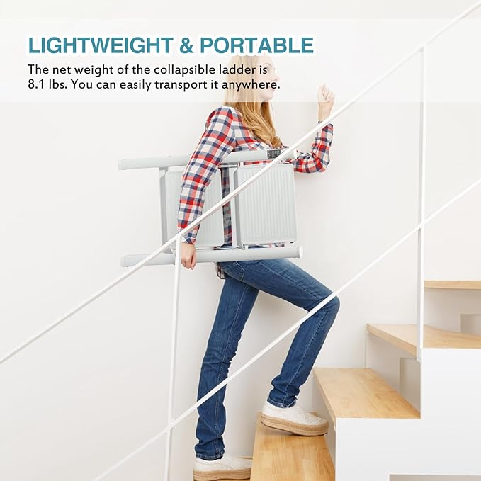 BOCOM 2 Step Ladder, Lightweight Portable Foldable Collapsible Folding Sturdy Iron Metal Step Stool with Anti-Slip Wide Pedal, Heavy Duty 330 lbs Capacity, for Home, Kitchen, Closet, Adults, White