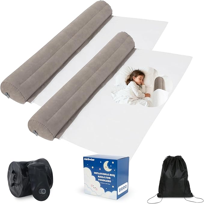 2 Pack Inflatable Travel Bed Rails for Toddlers, Flocking Portable Bed Rail for Toddlers with Non-Slip Base, Safe Toddler Bed Bumper for Queen, Full, Twin, King Size Bed, Hotel, Vacation