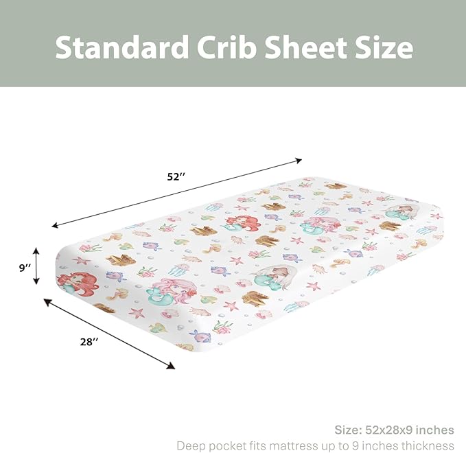 Cute Mermaids Baby Crib Sheets for Boy Girl 28"x52" Mystical Mermaids Fishes Sea Horse Jellyfish Soft Snug Fitted Crib Mattress Cover Ocean Animals Baby Sheet for Standard Crib & Toddler Bed Mattress