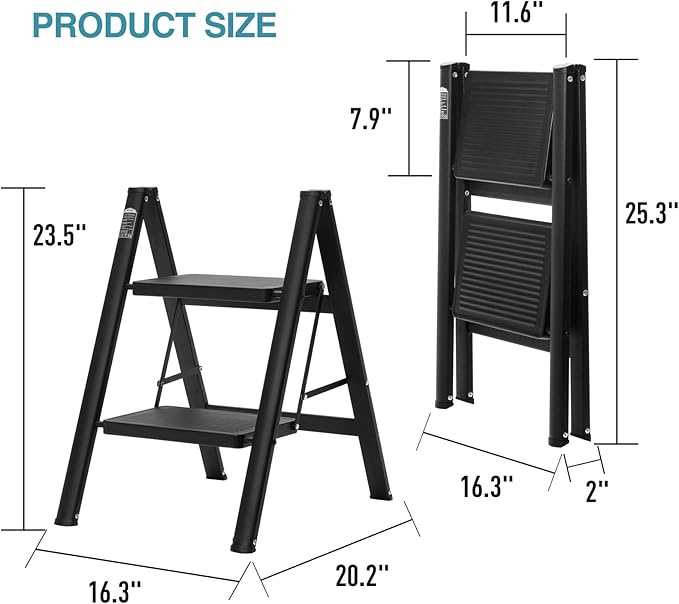 BOCOM 2 Step Ladder, Lightweight Portable Foldable Collapsible Folding Sturdy Iron Metal Step Stool with Anti-Slip Wide Pedal, Heavy Duty 330 lbs Capacity, for Home, Kitchen, Closet, Adults, Black