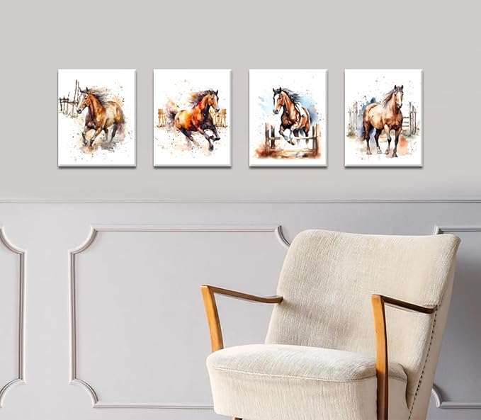 Framed Horse Canvas Wall Art,Horse Decor Wall Art Framed Canvas for Living Room,Farmhouse Horses Pictures Wall Decor Western Painting for Farmhouse Bedroom Living Room Set of 4(8"X10")