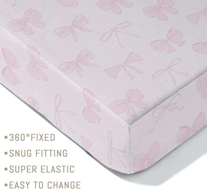 Pastel Pink Bows Baby Crib Sheets for Boys Girls Preppy Girly Ribbons Soft Snug Fitted Crib Mattress Covers for 52''x28'' Standard Crib & Toddler Mattress Cute Valentine Bows Nursery Bed Sheets