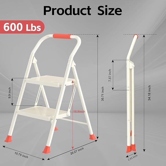 Foldable Folding Step Ladder Stool - 2 Stepping Tall Extension Heavy Duty with Handrails for Home Adults Kitchen - Extendable Stepladder Closet Stepstool Stair Ladders for Indoor House 600Lbs