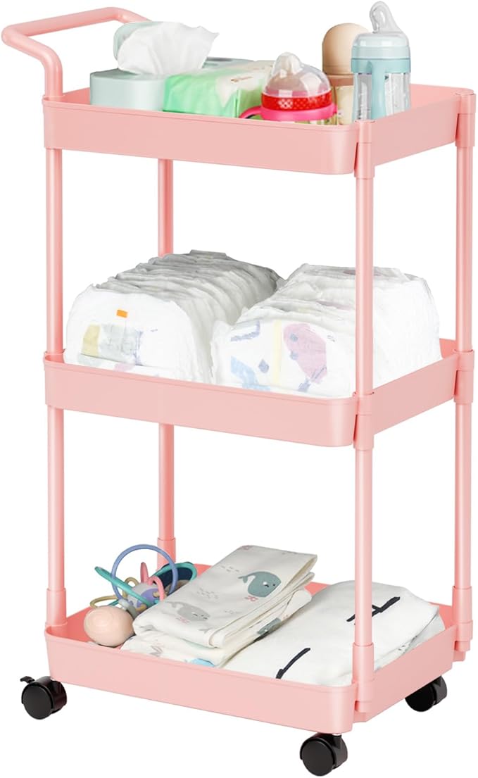 Volnamal Baby Diaper Caddy – Plastic Diaper Organizer for Nursery Essentials, Movable Cart for Changing Table & Crib, Easy to Assemble, Pink