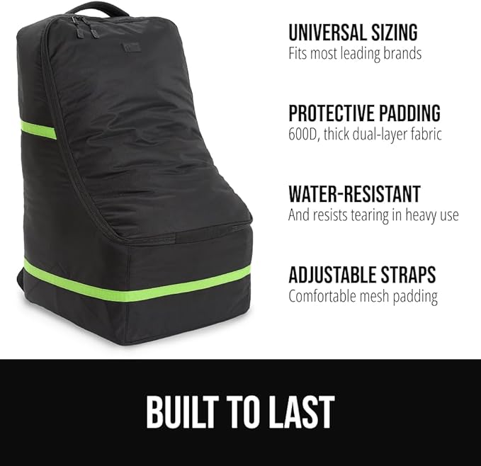 GORILLA GRIP Tear and Water Resistant Padded Car Seat Travel Bag for Airplane and Airport, Universal Fit Baby Carseat Bags, Handle & Shoulder Straps, Air Gate Check Toddler Stroller Carrier, Green