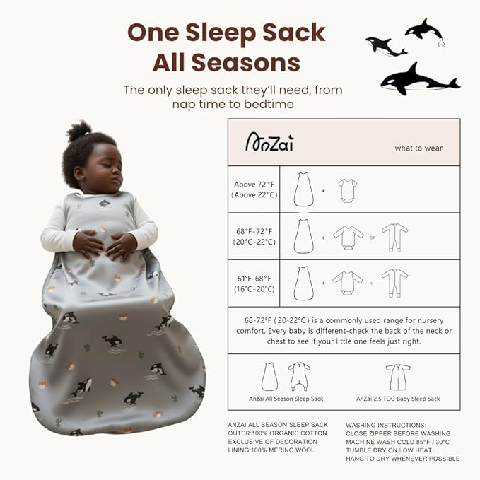AnZai Merino Wool & Organic Cotton Sleep Sack for 2-24 Months - 2 Way Zipper Adjustable Sleeping Bag, Year Round