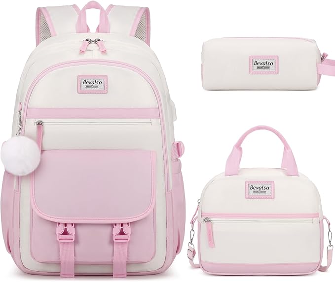 Bevalsa Backpack for Girls, School Backpacks for Girls, Kids Backpack with Lunch Box & Pencil Pouch for Teens Girl Kids Elementary Middle High School College Student Bookbag Daypack (Pink Beige)