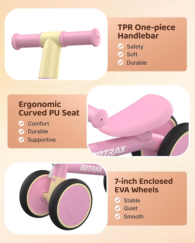 Gotrax Baby Balance Bike 1-2 Years, 7" Front & Rear Silent Wheels, Sturdy Steel Frame 66 lbs Load, Quick 2-Min Assembly, CPC Certified, Comfortable Soft Seat, Toddler Birthday Gift for Boys&Girls Pink