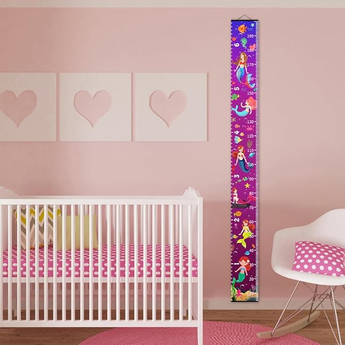 Nustila Ocean Mermaid Growth Chart for Kids Baby Height Chart Ruler Removable Canvas Wooden Frame Hanging Wall Rulers Measurement Charts for Toddler Room Nursery Decor - 79"X7.9" with Black Wood