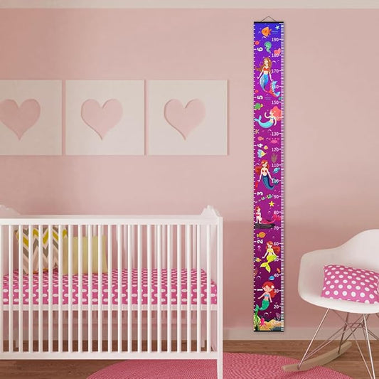 Nustila Ocean Mermaid Growth Chart for Kids Baby Height Chart Ruler Removable Canvas Wooden Frame Hanging Wall Rulers Measurement Charts for Toddler Room Nursery Decor - 79"X7.9" with Black Wood