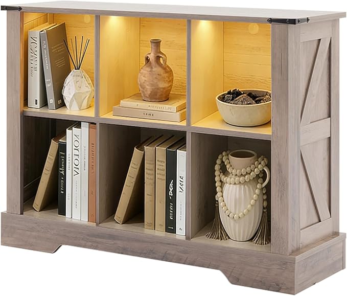 Puntogen 6 Cube Storage Organizer, Wood Cube Bookshelf with LED Lights, Horizontal Storage Cubes, Kids Bookshelf, Display Cabinet Cubby Shelf for Living Room Home Office Bedroom, Grey