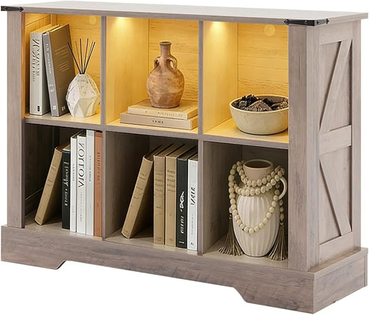 Puntogen 6 Cube Storage Organizer, Wood Cube Bookshelf with LED Lights, Horizontal Storage Cubes, Kids Bookshelf, Display Cabinet Cubby Shelf for Living Room Home Office Bedroom, Grey