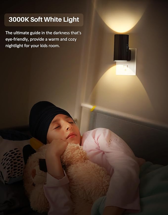 Night Lights Plug into Wall, LED Plug in Night Light, Dusk to Dawn Light Sensor, 0-100LM Adjustable Brightness Wall Light, Soft White 3000K, Dimmable Night Lights for Hallway Bedroom Stairway, 2 Pack