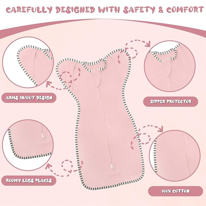 Transition Swaddle 3-6 Months Sleep Sack Arms up Swaddle, 2-Pack Baby Swaddles 3-6 Months Sleeping Sack with 2-Way Zipper Arms In/Out 100% Cotton 0.8 Tog Baby Sleep Swaddles for Girl (Medium 14-20lbs)