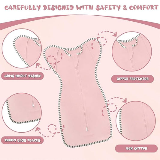 Transition Swaddle 3-6 Months Sleep Sack Arms up Swaddle, 2-Pack Baby Swaddles 3-6 Months Sleeping Sack with 2-Way Zipper Arms In/Out 100% Cotton 0.8 Tog Baby Sleep Swaddles for Girl (Medium 14-20lbs)