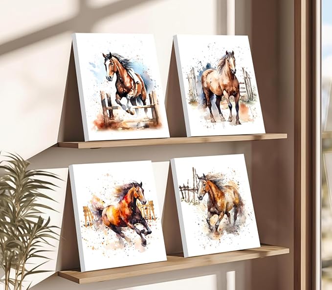 Framed Horse Canvas Wall Art,Horse Decor Wall Art Framed Canvas for Living Room,Farmhouse Horses Pictures Wall Decor Western Painting for Farmhouse Bedroom Living Room Set of 4(8"X10")