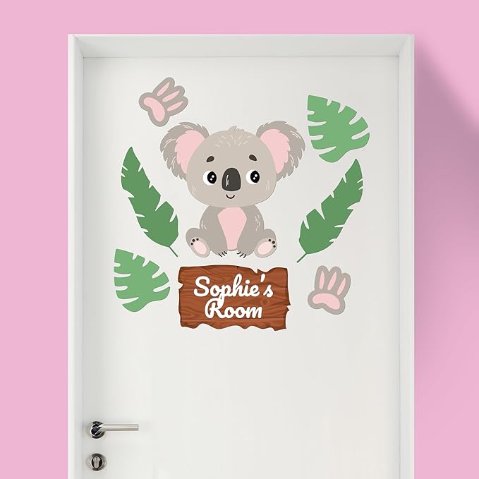 EGD Custom Koala Door Decal with Name | Door Decals for Bedroom or Nursery | Personalized Vinyl Wall Decal for Kids Room | Cute Koala Wall Stickers for Kids (E. Koala)