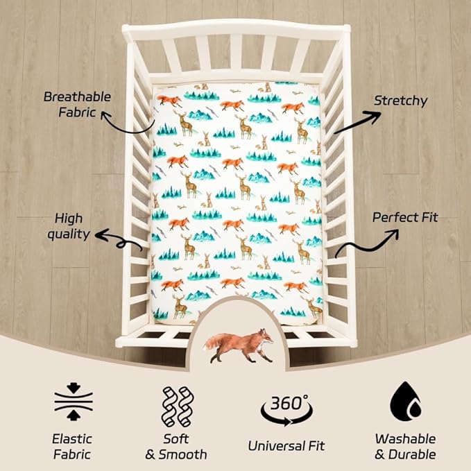 4 Pack N Play Sheets Woodland Forest Animals Wood Neutral Unisex Fitted Baby N Play Sheets Fitted for Standard Pack and Plays and Mini Cribs Set for Baby Boys or Girls