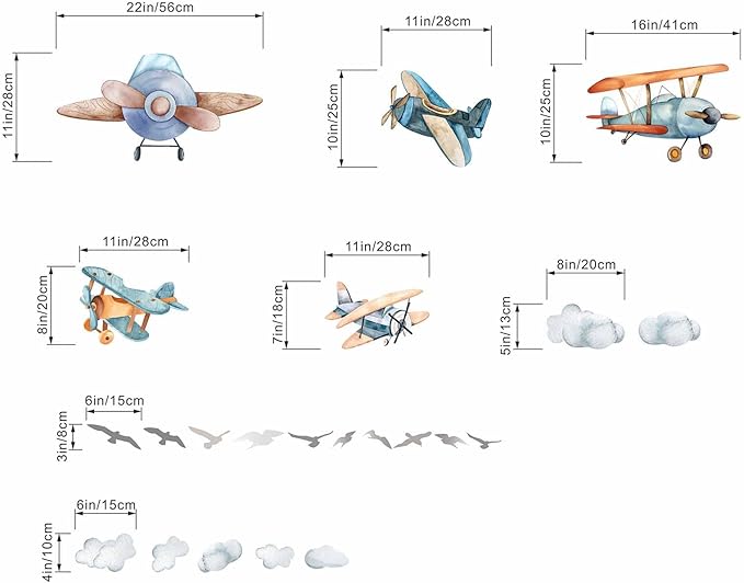 Amimagen Airplane Wall Stickers - Aircrafts Wall Decals - Kids Baby Boys Nursery Children Daycare Bedroom Playroom Wall Decor