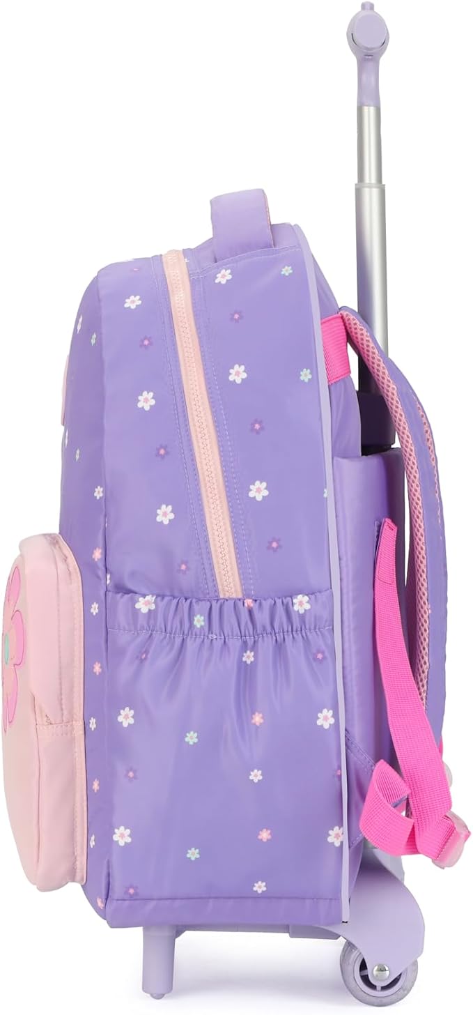 kingdisen Rolling Backpack for Girls Backpack with Wheels Kids Cute Carry on Backpack with Lunch Box Pencil Case for Elementary Student Teen Girls Luggage (TWO FLOWERS PURPLE)