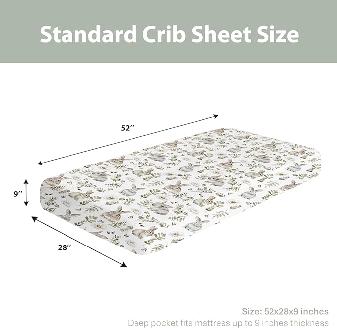 Watercolor Bunny Leaves Baby Crib Sheets for Boy Girl 52"x28" Spring Rabbits Flowers Soft Snug Fitted Crib Mattress Cover Animal Nursery Baby Sheet for Standard Crib & Toddler Bed Mattress