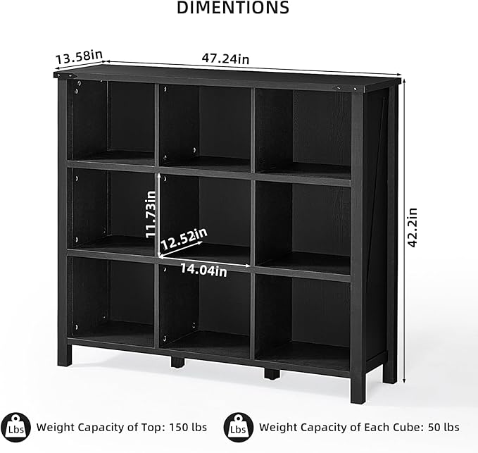 Joaxswe 9 Cube Bookcase, Farmhouse 47 Inch Wide Black Bookshelf, Wooden 3 Tier Display Large Open Book Shelf, Vintage Horizontal Book Case for Home Office, Cubby Storage Cabinet for Living Room