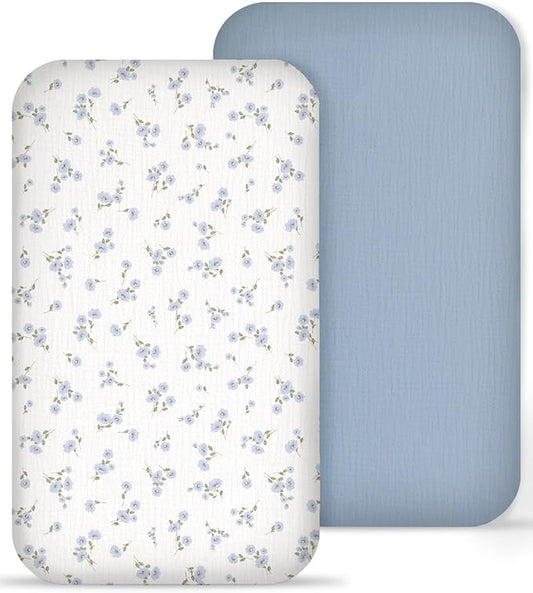 Muslin Bedside Bassinet Sheets 2 Pack, 33x20 Fitted Ultra Soft & Breathable Bedside Sleeper Sheets, Ideal for Baby Girl and Boy, Perfect for Newborns (Bluebell Bloom & Light Blue)