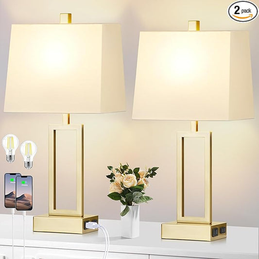 Lolikit 23.5" Touch Control Table Lamps, Metal Bedside Lamp for Bedroom Set of 2 with USB A+C Ports & AC Outlet, 3-Way Dimmable Nightstand Lamp for Living Room (LED Bulb Included)