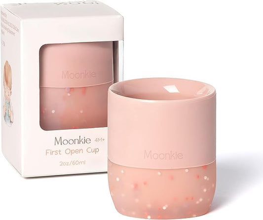 Moonkie Silicone Baby Cup 4 Months+ | Tiny Open Training Cup for Infants with Confetti Sprinkles | Baby-Led Weaning Essential | 2 oz (Blush, 1 Pack)