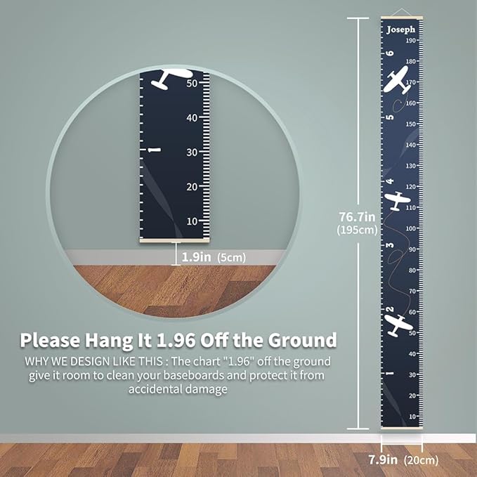 Personalized Growth Chart for Kids, Baby Height Chart with Custom Name, 77"x7.9" Canvas and Beige Wood Height Measuring Rulers for Boys Girls Removable Wall Ruler Hanging for Nursery Decor - Plane