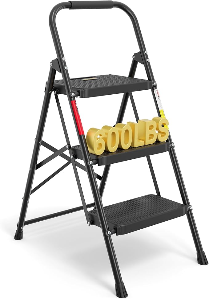 BONTEC 3-Step Ladder, Folding Step Stool, 600lbs Max Load Capacity, Sturdy Steel, Non-Slip Pedals, Lightweight, Portable Steel Ladder with Convenient Handrail, Safety Design for Home & Work, Black