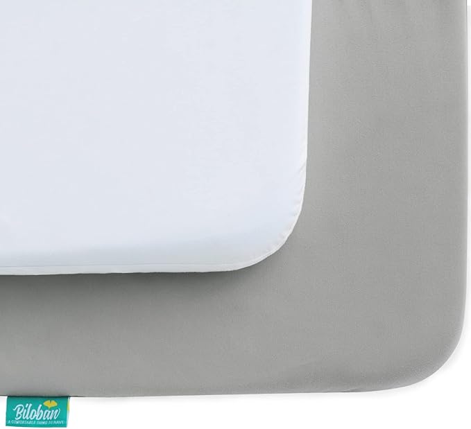 Biloban Pack and Play Sheets Waterproof 2 Pack Fitted, Compatible with Baby Graco/Dream On Me/Baby Trend/Pamo Babe Pack n Play/Playard and Other 38" X 26" Playpen Mattress, Grey & White