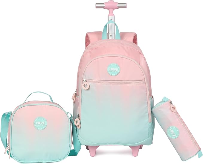 kingdisen Wheels Kids Backpacks for Large Girls Rolling School Backpack with lunch box(DROPS BLUE)