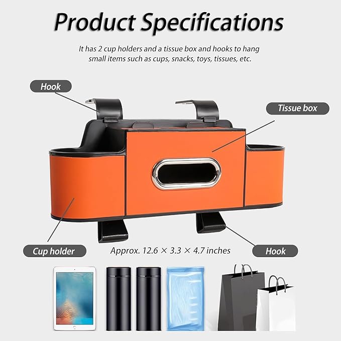 pupken Car Organizers and Storage Box, Car Organizers and Storage Box Behind Set, 4 in 1 Multifunctional Cars Organizer and Storage Back Seat for Hold Phone, Drinks, Handbag, Universal Fit (Orange*1)
