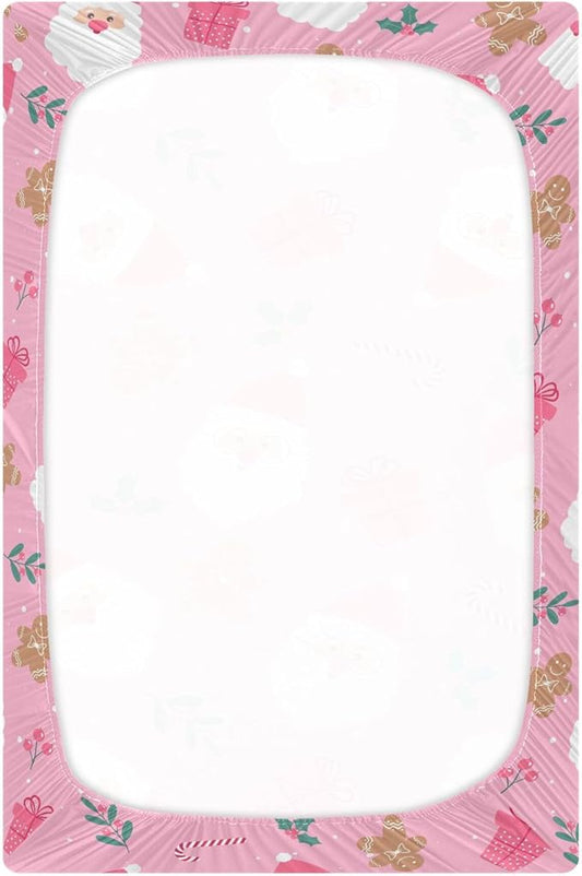 Christmas Santa Cute Pink Crib Sheets Soft Breathable Fitted Baby Crib Sheets Mattress Cover for Girl Boys, 52" x 28" x 9"