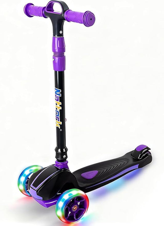 Nattork Kids Scooter for Age 3-8, Toddler Scooter with 4 Adjustable Height for Boys & Girls, Light Up 3-Wheels Foldable Kick Scooter, Lean to Steer, 120LB Weight Capacity