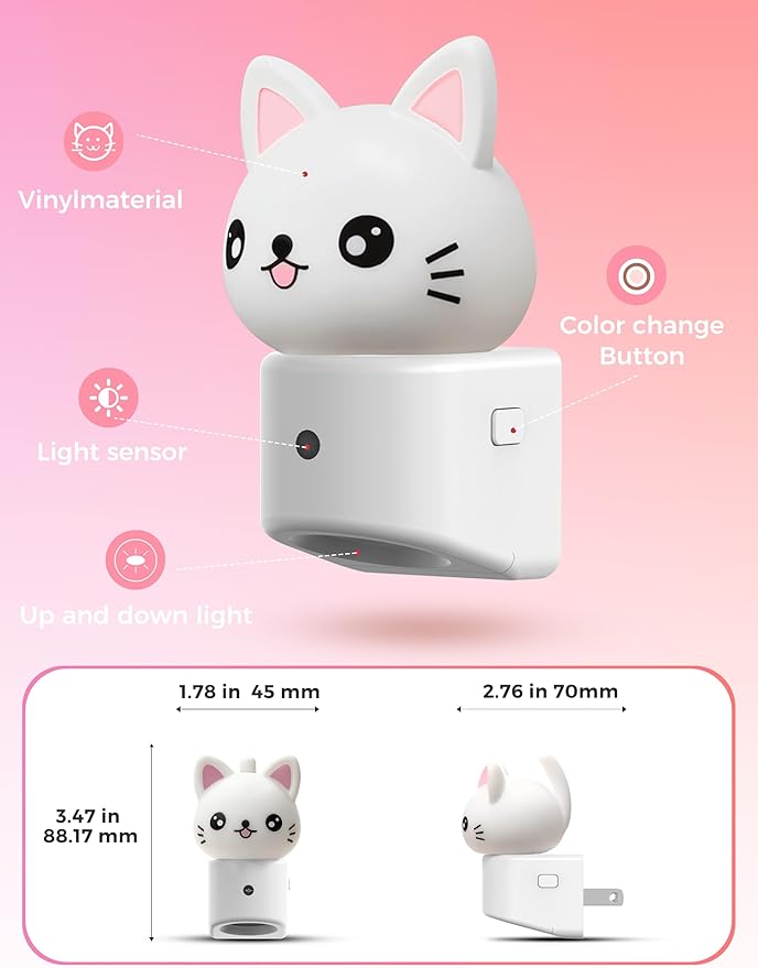 L LOHAS LED Night Light for Kids, 3D Cat Night Light Plug in, Dusk to Dawn Nursery Night Lights, RGB+Soft White 3000K, 3 Lighting Modes, Room Decor, Children