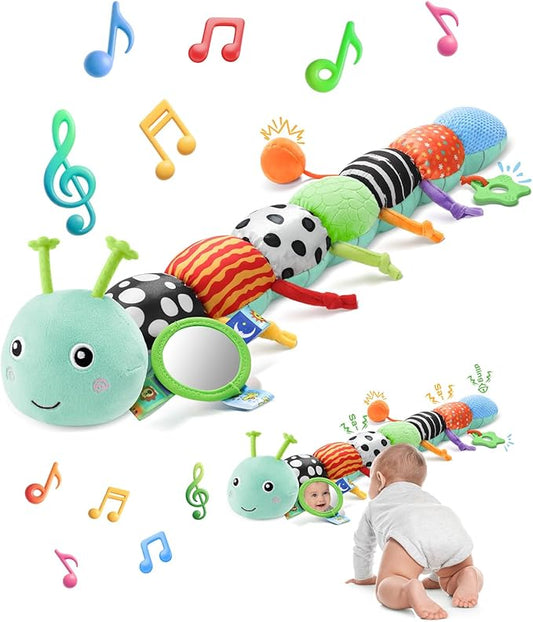 Baby Toys 6-12 Months Music Caterpillar,Stuffed Animals Infant Toys 0-3-6 Months,Teething Sensory Toys Tummy Time with Mirror Crinkle Rattle&Pull String for Boys Girls Gifts Birthday|Blue