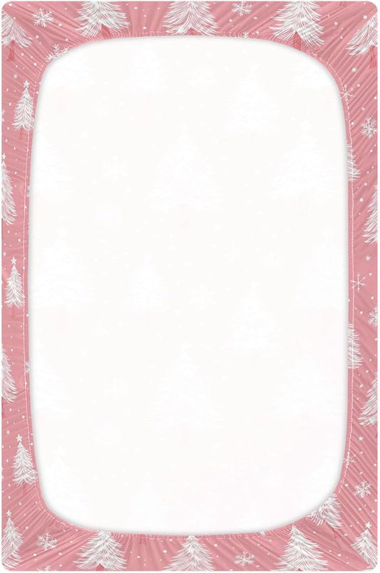 Christmas Pinks Trees Snowflakes Crib Sheets Soft Breathable Fitted Baby Crib Sheets Mattress Cover for Girls Boys, 52" x 28" x 9"