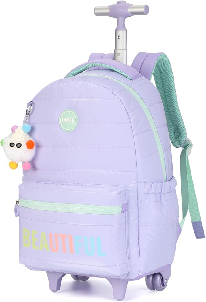 kingdisen Large Rolling laptop Backpack Set with Lunch Bag, Kids Backpack for school girls kids with Wheels (BEAUTIFUL PURPLE)