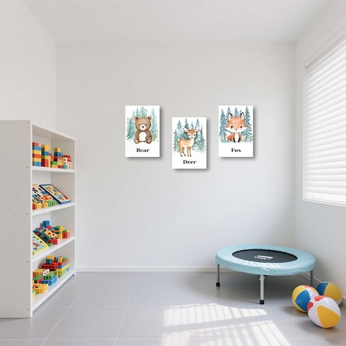 LZIMU Nursery Animal Canvas Wall Art 3 Pieces Cute Animal Baby Picture Prints Woodland Nursery Painting for Kids Boy Girls Room Decor Framed (Green, 24x36inchx3 Pieces)